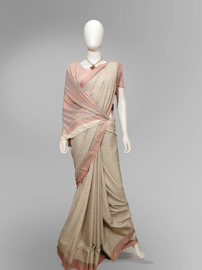 Saree in Salmon Pink with Traditional Print - Indian Clothing in Denver, CO, Aurora, CO, Boulder, CO, Fort Collins, CO, Colorado Springs, CO, Parker, CO, Highlands Ranch, CO, Cherry Creek, CO, Centennial, CO, and Longmont, CO. Nationwide shipping USA - India Fashion X