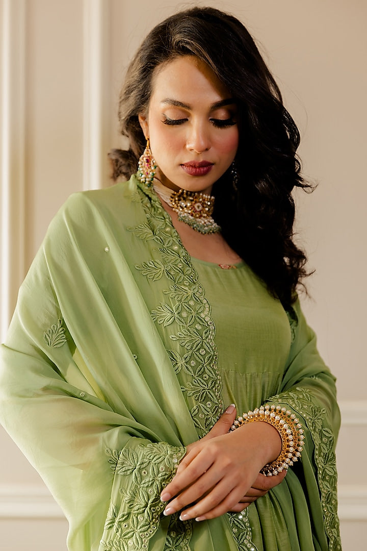 Pista Green Anarkali Set - Indian Clothing in Denver, CO, Aurora, CO, Boulder, CO, Fort Collins, CO, Colorado Springs, CO, Parker, CO, Highlands Ranch, CO, Cherry Creek, CO, Centennial, CO, and Longmont, CO. Nationwide shipping USA - India Fashion X