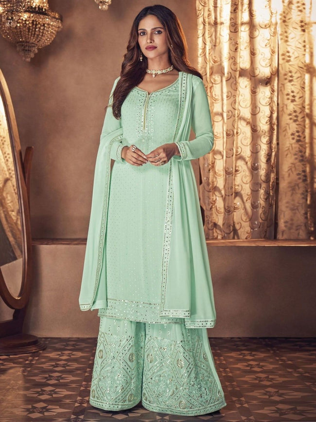 Sea Green Palazzo Suit - Indian Clothing in Denver, CO, Aurora, CO, Boulder, CO, Fort Collins, CO, Colorado Springs, CO, Parker, CO, Highlands Ranch, CO, Cherry Creek, CO, Centennial, CO, and Longmont, CO. Nationwide shipping USA - India Fashion X