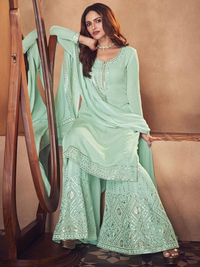Sea Green Palazzo Suit - Indian Clothing in Denver, CO, Aurora, CO, Boulder, CO, Fort Collins, CO, Colorado Springs, CO, Parker, CO, Highlands Ranch, CO, Cherry Creek, CO, Centennial, CO, and Longmont, CO. Nationwide shipping USA - India Fashion X