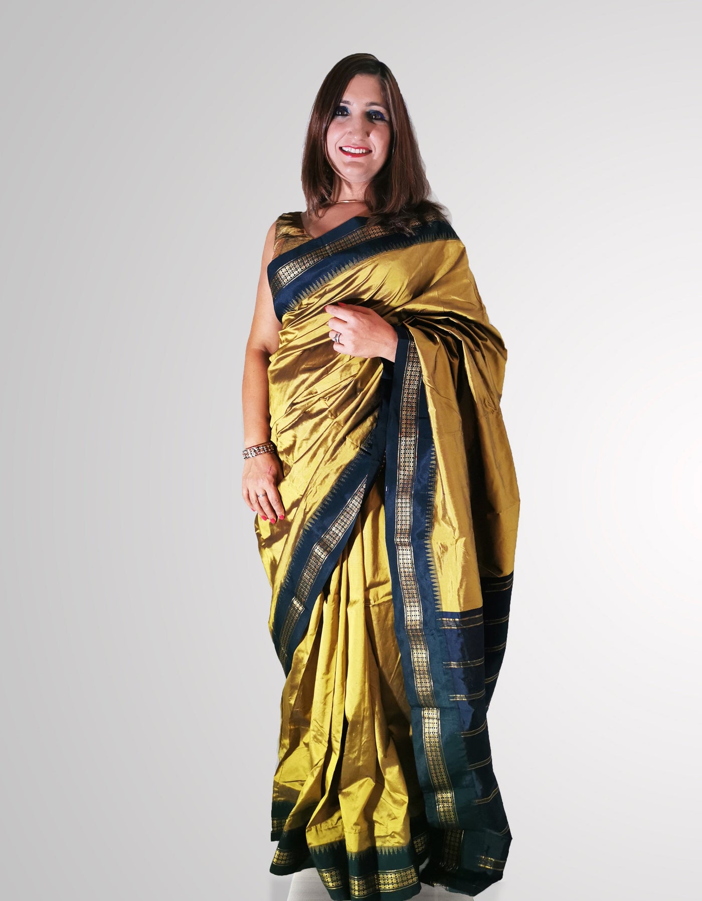 Saree in Glossy Yellow Pure Silk with Tample border - Indian Clothing in Denver, CO, Aurora, CO, Boulder, CO, Fort Collins, CO, Colorado Springs, CO, Parker, CO, Highlands Ranch, CO, Cherry Creek, CO, Centennial, CO, and Longmont, CO. Nationwide shipping USA - India Fashion X