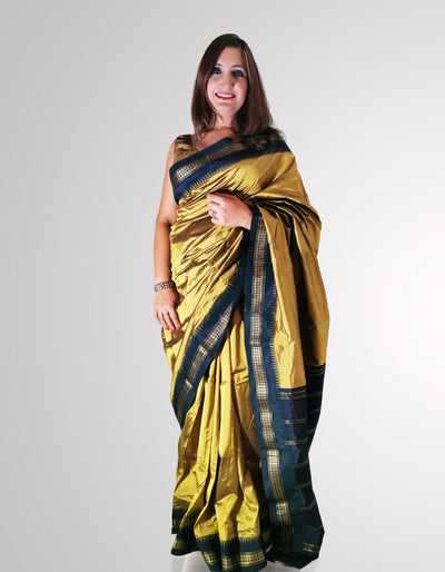 Saree in Glossy Yellow Pure Silk with Tample border - Indian Clothing in Denver, CO, Aurora, CO, Boulder, CO, Fort Collins, CO, Colorado Springs, CO, Parker, CO, Highlands Ranch, CO, Cherry Creek, CO, Centennial, CO, and Longmont, CO. Nationwide shipping USA - India Fashion X