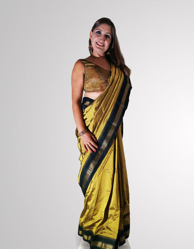 Saree in Glossy Yellow Pure Silk with Tample border - Indian Clothing in Denver, CO, Aurora, CO, Boulder, CO, Fort Collins, CO, Colorado Springs, CO, Parker, CO, Highlands Ranch, CO, Cherry Creek, CO, Centennial, CO, and Longmont, CO. Nationwide shipping USA - India Fashion X