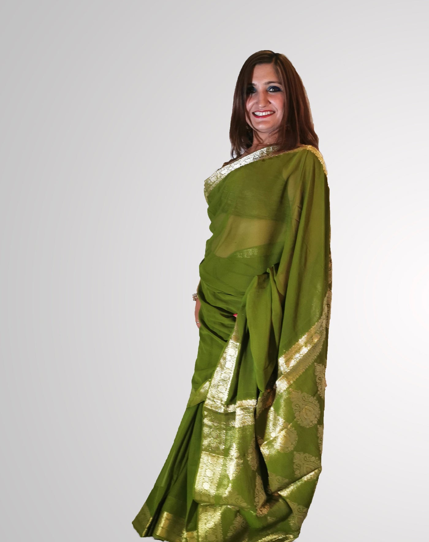 Saree in Olive Green with Gold Self Printed Zari Border - Indian Clothing in Denver, CO, Aurora, CO, Boulder, CO, Fort Collins, CO, Colorado Springs, CO, Parker, CO, Highlands Ranch, CO, Cherry Creek, CO, Centennial, CO, and Longmont, CO. Nationwide shipping USA - India Fashion X