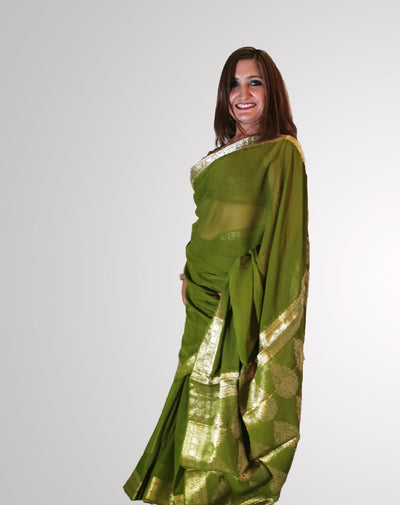 Saree in Olive Green with Gold Self Printed Zari Border - Indian Clothing in Denver, CO, Aurora, CO, Boulder, CO, Fort Collins, CO, Colorado Springs, CO, Parker, CO, Highlands Ranch, CO, Cherry Creek, CO, Centennial, CO, and Longmont, CO. Nationwide shipping USA - India Fashion X
