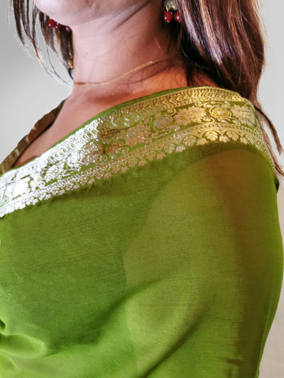 Saree in Olive Green with Gold Self Printed Zari Border - Indian Clothing in Denver, CO, Aurora, CO, Boulder, CO, Fort Collins, CO, Colorado Springs, CO, Parker, CO, Highlands Ranch, CO, Cherry Creek, CO, Centennial, CO, and Longmont, CO. Nationwide shipping USA - India Fashion X