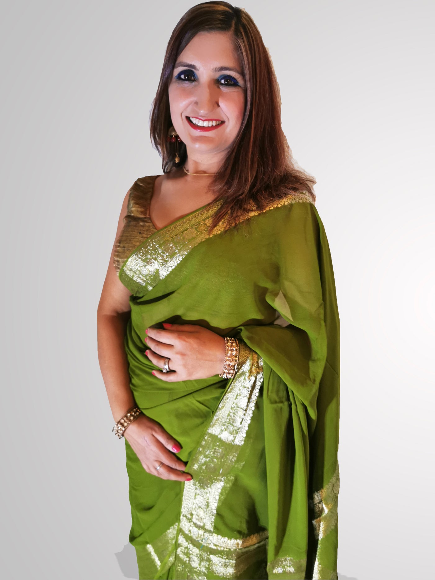 Saree in Olive Green with Gold Self Printed Zari Border - Indian Clothing in Denver, CO, Aurora, CO, Boulder, CO, Fort Collins, CO, Colorado Springs, CO, Parker, CO, Highlands Ranch, CO, Cherry Creek, CO, Centennial, CO, and Longmont, CO. Nationwide shipping USA - India Fashion X