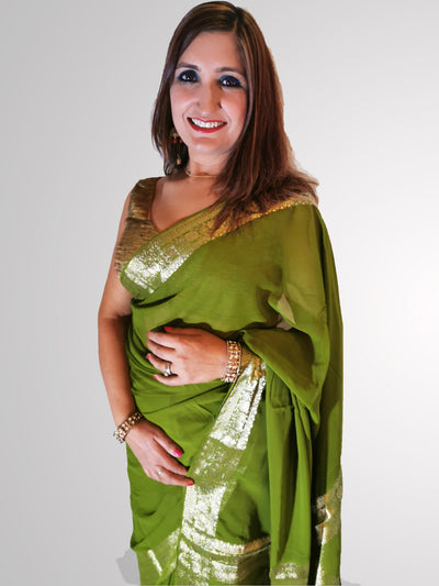 Saree in Olive Green with Gold Self Printed Zari Border - Indian Clothing in Denver, CO, Aurora, CO, Boulder, CO, Fort Collins, CO, Colorado Springs, CO, Parker, CO, Highlands Ranch, CO, Cherry Creek, CO, Centennial, CO, and Longmont, CO. Nationwide shipping USA - India Fashion X