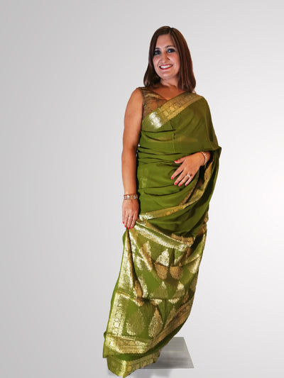 Saree in Olive Green with Gold Self Printed Zari Border - Indian Clothing in Denver, CO, Aurora, CO, Boulder, CO, Fort Collins, CO, Colorado Springs, CO, Parker, CO, Highlands Ranch, CO, Cherry Creek, CO, Centennial, CO, and Longmont, CO. Nationwide shipping USA - India Fashion X