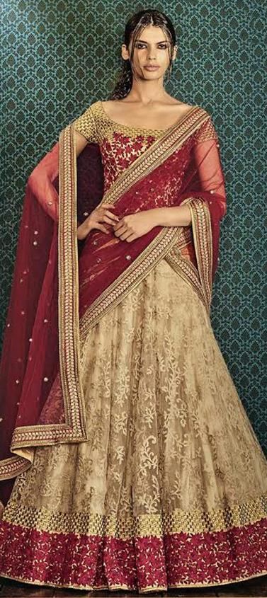 Beige and Maroon Net Lehenga - Indian Clothing in Denver, CO, Aurora, CO, Boulder, CO, Fort Collins, CO, Colorado Springs, CO, Parker, CO, Highlands Ranch, CO, Cherry Creek, CO, Centennial, CO, and Longmont, CO. Nationwide shipping USA - India Fashion X