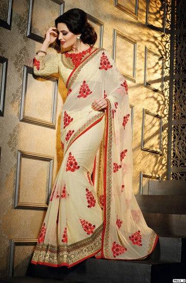 Pure georgette cream and red combination wedding saree - Indian Clothing in Denver, CO, Aurora, CO, Boulder, CO, Fort Collins, CO, Colorado Springs, CO, Parker, CO, Highlands Ranch, CO, Cherry Creek, CO, Centennial, CO, and Longmont, CO. Nationwide shipping USA - India Fashion X