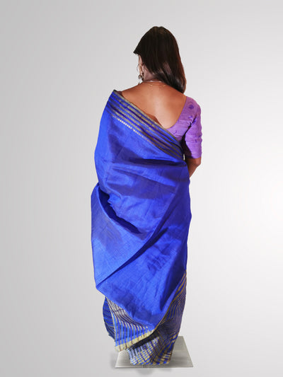 Saree in Blue Shine Tussar Silk with Gold Border Work - Indian Clothing in Denver, CO, Aurora, CO, Boulder, CO, Fort Collins, CO, Colorado Springs, CO, Parker, CO, Highlands Ranch, CO, Cherry Creek, CO, Centennial, CO, and Longmont, CO. Nationwide shipping USA - India Fashion X