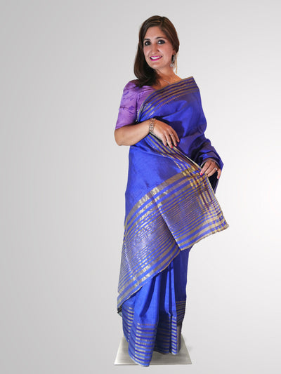 Saree in Blue Shine Tussar Silk with Gold Border Work - Indian Clothing in Denver, CO, Aurora, CO, Boulder, CO, Fort Collins, CO, Colorado Springs, CO, Parker, CO, Highlands Ranch, CO, Cherry Creek, CO, Centennial, CO, and Longmont, CO. Nationwide shipping USA - India Fashion X