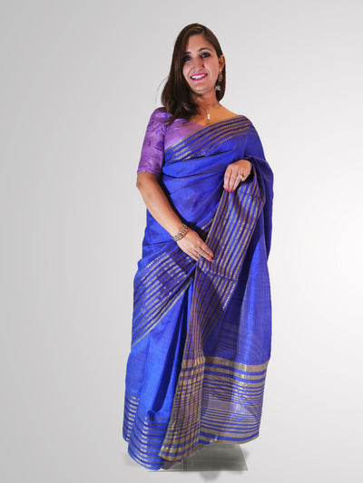Saree in Blue Shine Tussar Silk with Gold Border Work - Indian Clothing in Denver, CO, Aurora, CO, Boulder, CO, Fort Collins, CO, Colorado Springs, CO, Parker, CO, Highlands Ranch, CO, Cherry Creek, CO, Centennial, CO, and Longmont, CO. Nationwide shipping USA - India Fashion X