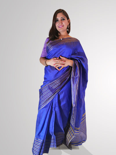 Saree in Blue Shine Tussar Silk with Gold Border Work - Indian Clothing in Denver, CO, Aurora, CO, Boulder, CO, Fort Collins, CO, Colorado Springs, CO, Parker, CO, Highlands Ranch, CO, Cherry Creek, CO, Centennial, CO, and Longmont, CO. Nationwide shipping USA - India Fashion X