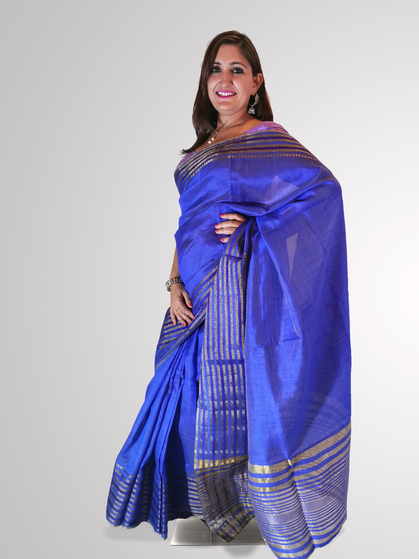 Saree in Blue Shine Tussar Silk with Gold Border Work - Indian Clothing in Denver, CO, Aurora, CO, Boulder, CO, Fort Collins, CO, Colorado Springs, CO, Parker, CO, Highlands Ranch, CO, Cherry Creek, CO, Centennial, CO, and Longmont, CO. Nationwide shipping USA - India Fashion X