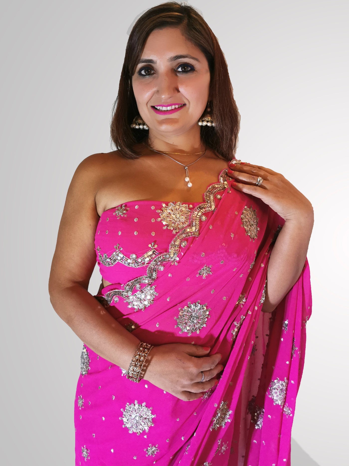 Saree in Magenta Pink Georgette with Heavy Sequin Work Indian Clothing in Denver, CO, Aurora, CO, Boulder, CO, Fort Collins, CO, Colorado Springs, CO, Parker, CO, Highlands Ranch, CO, Cherry Creek, CO, Centennial, CO, and Longmont, CO. NATIONWIDE SHIPPING USA- India Fashion X