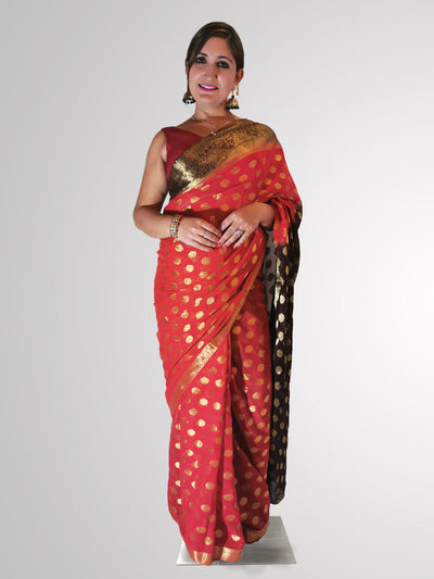 Saree in Red and Brown Banarsi Georgette with Polka Dot and Zari - Indian Clothing in Denver, CO, Aurora, CO, Boulder, CO, Fort Collins, CO, Colorado Springs, CO, Parker, CO, Highlands Ranch, CO, Cherry Creek, CO, Centennial, CO, and Longmont, CO. Nationwide shipping USA - India Fashion X