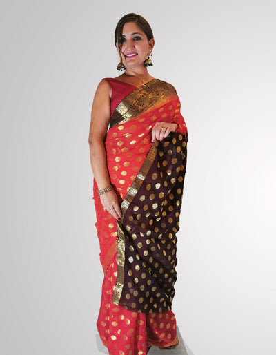 Saree in Red and Brown Banarsi Georgette with Polka Dot and Zari - Indian Clothing in Denver, CO, Aurora, CO, Boulder, CO, Fort Collins, CO, Colorado Springs, CO, Parker, CO, Highlands Ranch, CO, Cherry Creek, CO, Centennial, CO, and Longmont, CO. Nationwide shipping USA - India Fashion X
