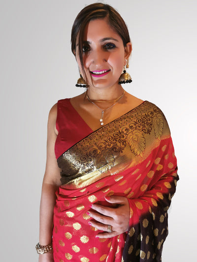 Saree in Red and Brown Banarsi Georgette with Polka Dot and Zari - Indian Clothing in Denver, CO, Aurora, CO, Boulder, CO, Fort Collins, CO, Colorado Springs, CO, Parker, CO, Highlands Ranch, CO, Cherry Creek, CO, Centennial, CO, and Longmont, CO. Nationwide shipping USA - India Fashion X