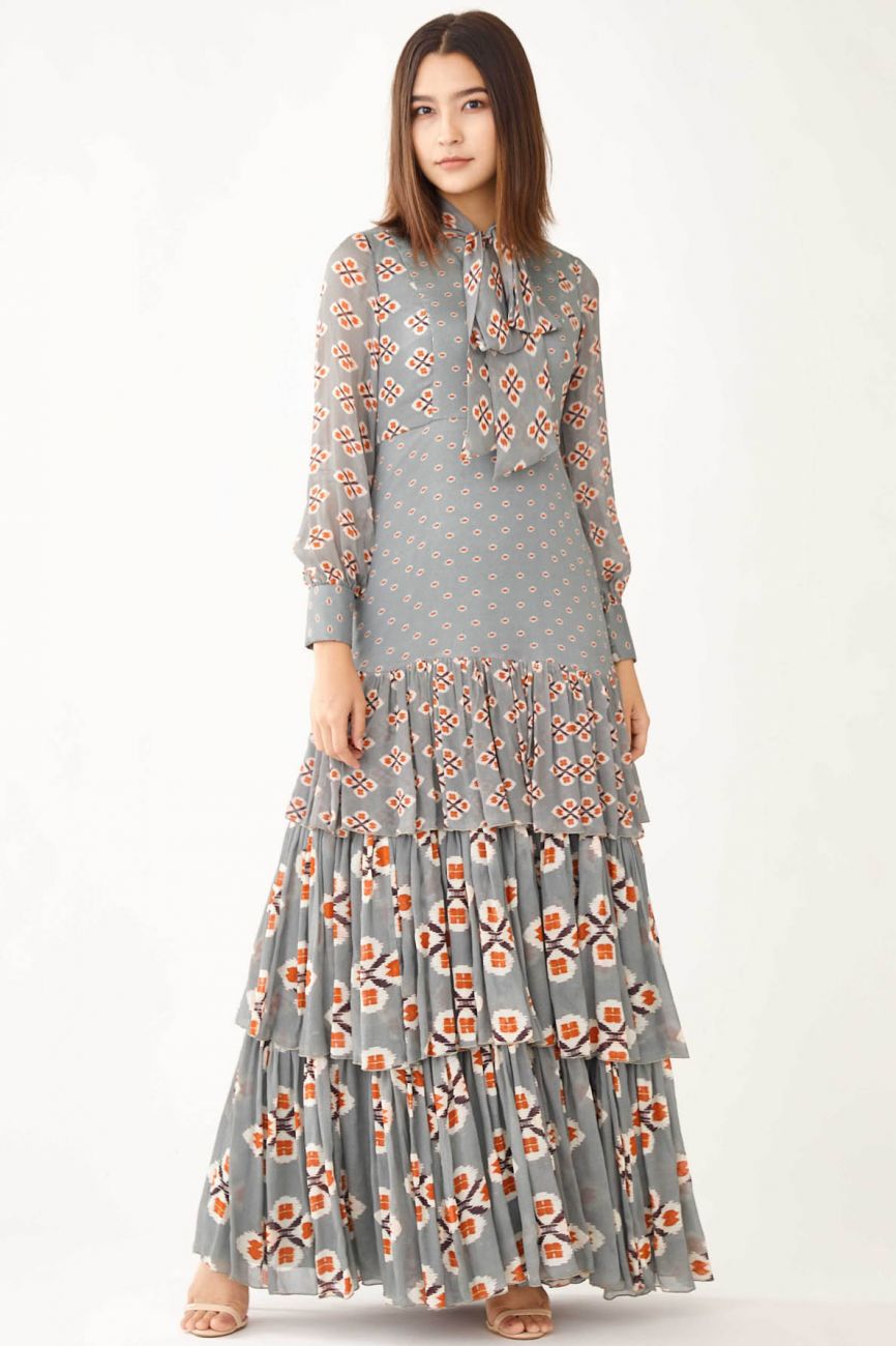 Blue With Grey Frilled Dress Indian Clothing in Denver, CO, Aurora, CO, Boulder, CO, Fort Collins, CO, Colorado Springs, CO, Parker, CO, Highlands Ranch, CO, Cherry Creek, CO, Centennial, CO, and Longmont, CO. NATIONWIDE SHIPPING USA- India Fashion X