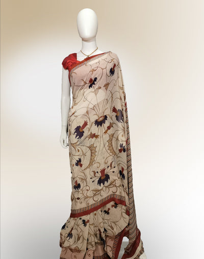 Saree in Abalone Cream with Floral Print - Indian Clothing in Denver, CO, Aurora, CO, Boulder, CO, Fort Collins, CO, Colorado Springs, CO, Parker, CO, Highlands Ranch, CO, Cherry Creek, CO, Centennial, CO, and Longmont, CO. Nationwide shipping USA - India Fashion X