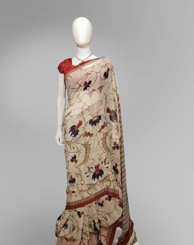 Saree in Abalone Cream with Floral Print - Indian Clothing in Denver, CO, Aurora, CO, Boulder, CO, Fort Collins, CO, Colorado Springs, CO, Parker, CO, Highlands Ranch, CO, Cherry Creek, CO, Centennial, CO, and Longmont, CO. Nationwide shipping USA - India Fashion X