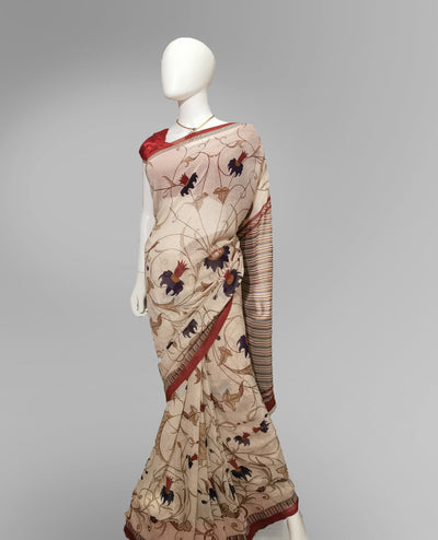 Saree in Abalone Cream with Floral Print - Indian Clothing in Denver, CO, Aurora, CO, Boulder, CO, Fort Collins, CO, Colorado Springs, CO, Parker, CO, Highlands Ranch, CO, Cherry Creek, CO, Centennial, CO, and Longmont, CO. Nationwide shipping USA - India Fashion X