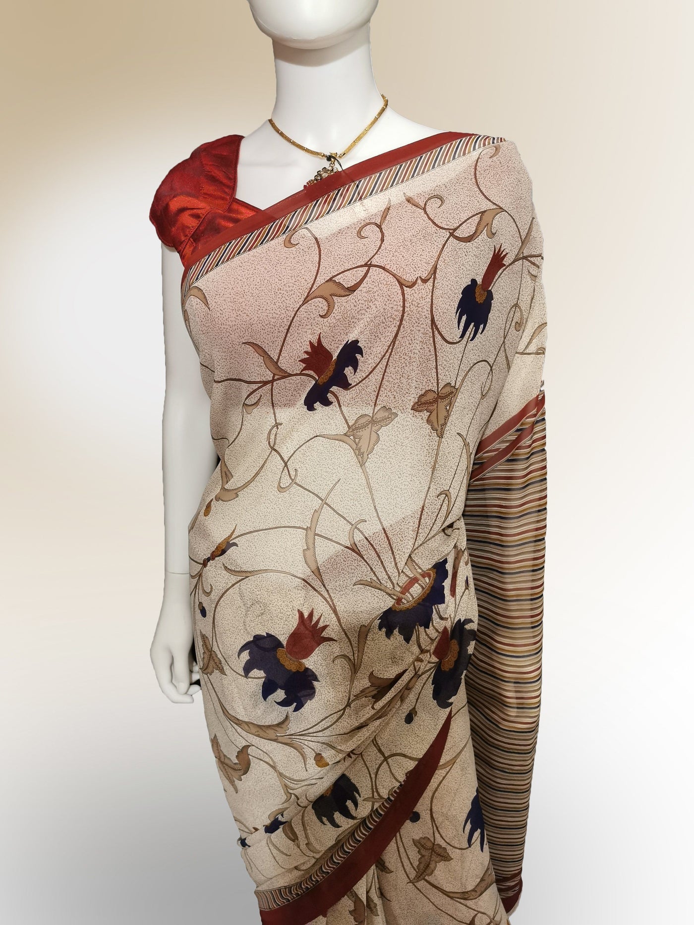 Saree in Abalone Cream with Floral Print - Indian Clothing in Denver, CO, Aurora, CO, Boulder, CO, Fort Collins, CO, Colorado Springs, CO, Parker, CO, Highlands Ranch, CO, Cherry Creek, CO, Centennial, CO, and Longmont, CO. Nationwide shipping USA - India Fashion X