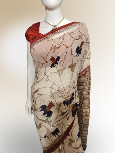 Saree in Abalone Cream with Floral Print - Indian Clothing in Denver, CO, Aurora, CO, Boulder, CO, Fort Collins, CO, Colorado Springs, CO, Parker, CO, Highlands Ranch, CO, Cherry Creek, CO, Centennial, CO, and Longmont, CO. Nationwide shipping USA - India Fashion X