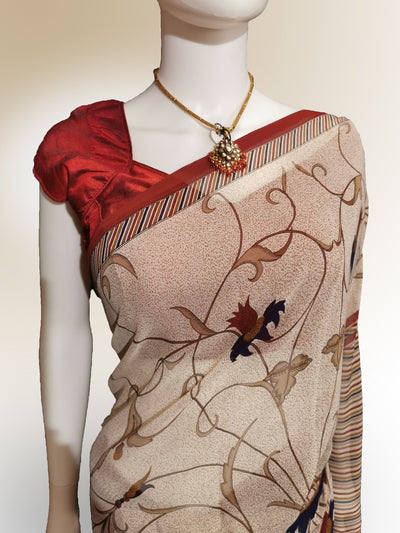 Saree in Abalone Cream with Floral Print - Indian Clothing in Denver, CO, Aurora, CO, Boulder, CO, Fort Collins, CO, Colorado Springs, CO, Parker, CO, Highlands Ranch, CO, Cherry Creek, CO, Centennial, CO, and Longmont, CO. Nationwide shipping USA - India Fashion X