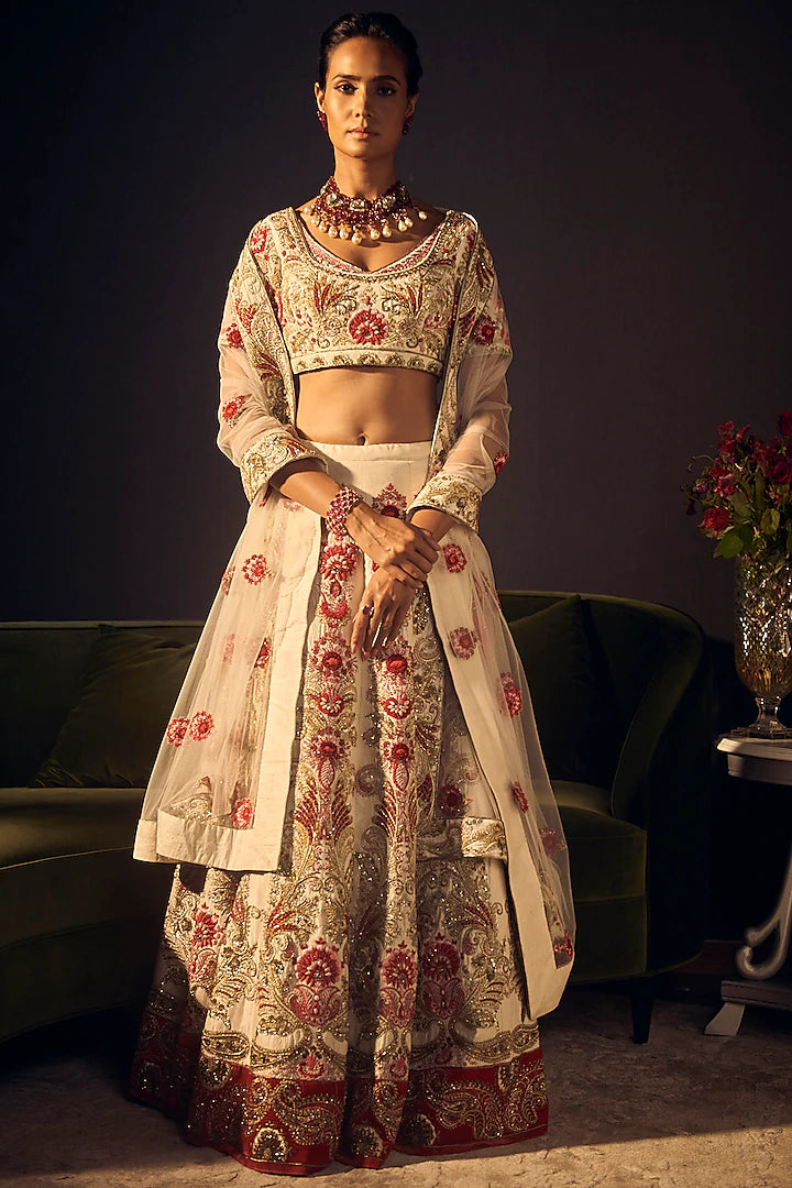 Ivory & Red Floral Lehenga Set - Indian Clothing in Denver, CO, Aurora, CO, Boulder, CO, Fort Collins, CO, Colorado Springs, CO, Parker, CO, Highlands Ranch, CO, Cherry Creek, CO, Centennial, CO, and Longmont, CO. Nationwide shipping USA - India Fashion X