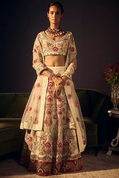 Ivory & Red Floral Lehenga Set - Indian Clothing in Denver, CO, Aurora, CO, Boulder, CO, Fort Collins, CO, Colorado Springs, CO, Parker, CO, Highlands Ranch, CO, Cherry Creek, CO, Centennial, CO, and Longmont, CO. Nationwide shipping USA - India Fashion X
