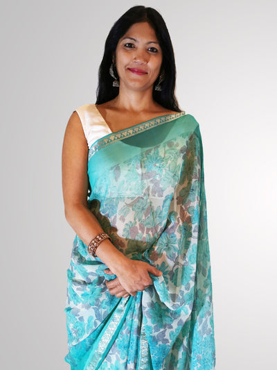 Saree in Aqua Turquoise and Gray in Floral Printed Chiffon - Indian Clothing in Denver, CO, Aurora, CO, Boulder, CO, Fort Collins, CO, Colorado Springs, CO, Parker, CO, Highlands Ranch, CO, Cherry Creek, CO, Centennial, CO, and Longmont, CO. Nationwide shipping USA - India Fashion X
