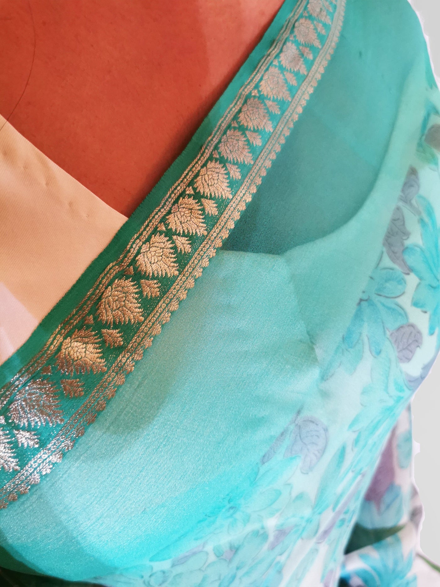 Saree in Aqua Turquoise and Gray in Floral Printed Chiffon - Indian Clothing in Denver, CO, Aurora, CO, Boulder, CO, Fort Collins, CO, Colorado Springs, CO, Parker, CO, Highlands Ranch, CO, Cherry Creek, CO, Centennial, CO, and Longmont, CO. Nationwide shipping USA - India Fashion X