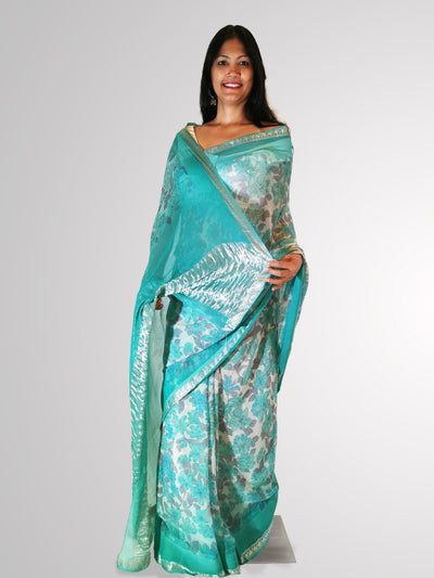 Saree in Aqua Turquoise and Gray in Floral Printed Chiffon - Indian Clothing in Denver, CO, Aurora, CO, Boulder, CO, Fort Collins, CO, Colorado Springs, CO, Parker, CO, Highlands Ranch, CO, Cherry Creek, CO, Centennial, CO, and Longmont, CO. Nationwide shipping USA - India Fashion X