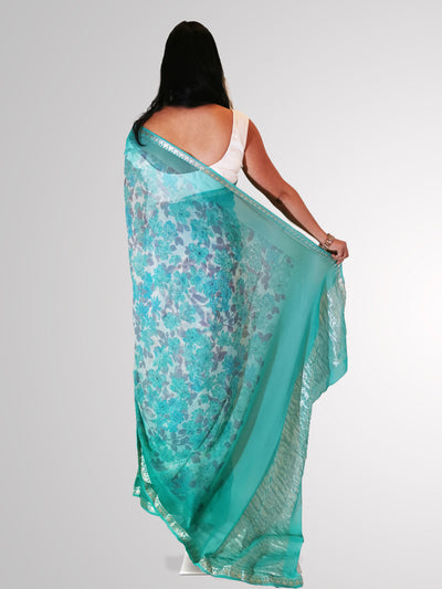Saree in Aqua Turquoise and Gray in Floral Printed Chiffon - Indian Clothing in Denver, CO, Aurora, CO, Boulder, CO, Fort Collins, CO, Colorado Springs, CO, Parker, CO, Highlands Ranch, CO, Cherry Creek, CO, Centennial, CO, and Longmont, CO. Nationwide shipping USA - India Fashion X