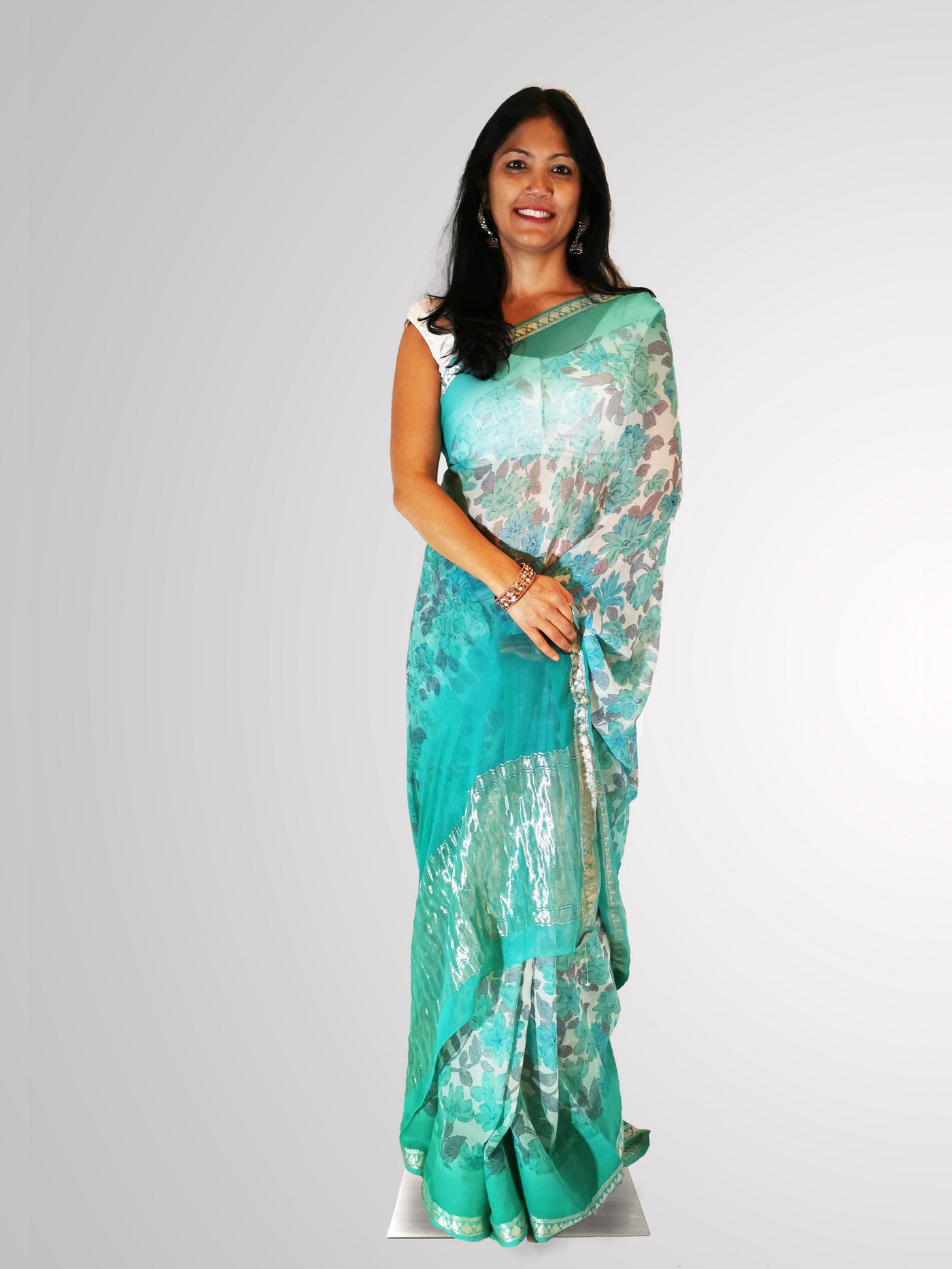 Saree in Aqua Turquoise and Gray in Floral Printed Chiffon - Indian Clothing in Denver, CO, Aurora, CO, Boulder, CO, Fort Collins, CO, Colorado Springs, CO, Parker, CO, Highlands Ranch, CO, Cherry Creek, CO, Centennial, CO, and Longmont, CO. Nationwide shipping USA - India Fashion X