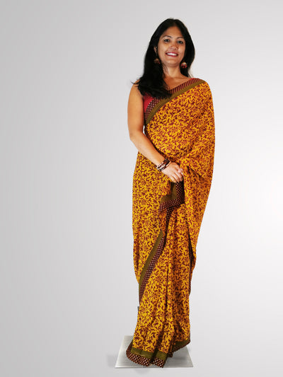 Saree in Pure Georgette with Yellow Mustard and Burgundy Red Self Print - Indian Clothing in Denver, CO, Aurora, CO, Boulder, CO, Fort Collins, CO, Colorado Springs, CO, Parker, CO, Highlands Ranch, CO, Cherry Creek, CO, Centennial, CO, and Longmont, CO. Nationwide shipping USA - India Fashion X