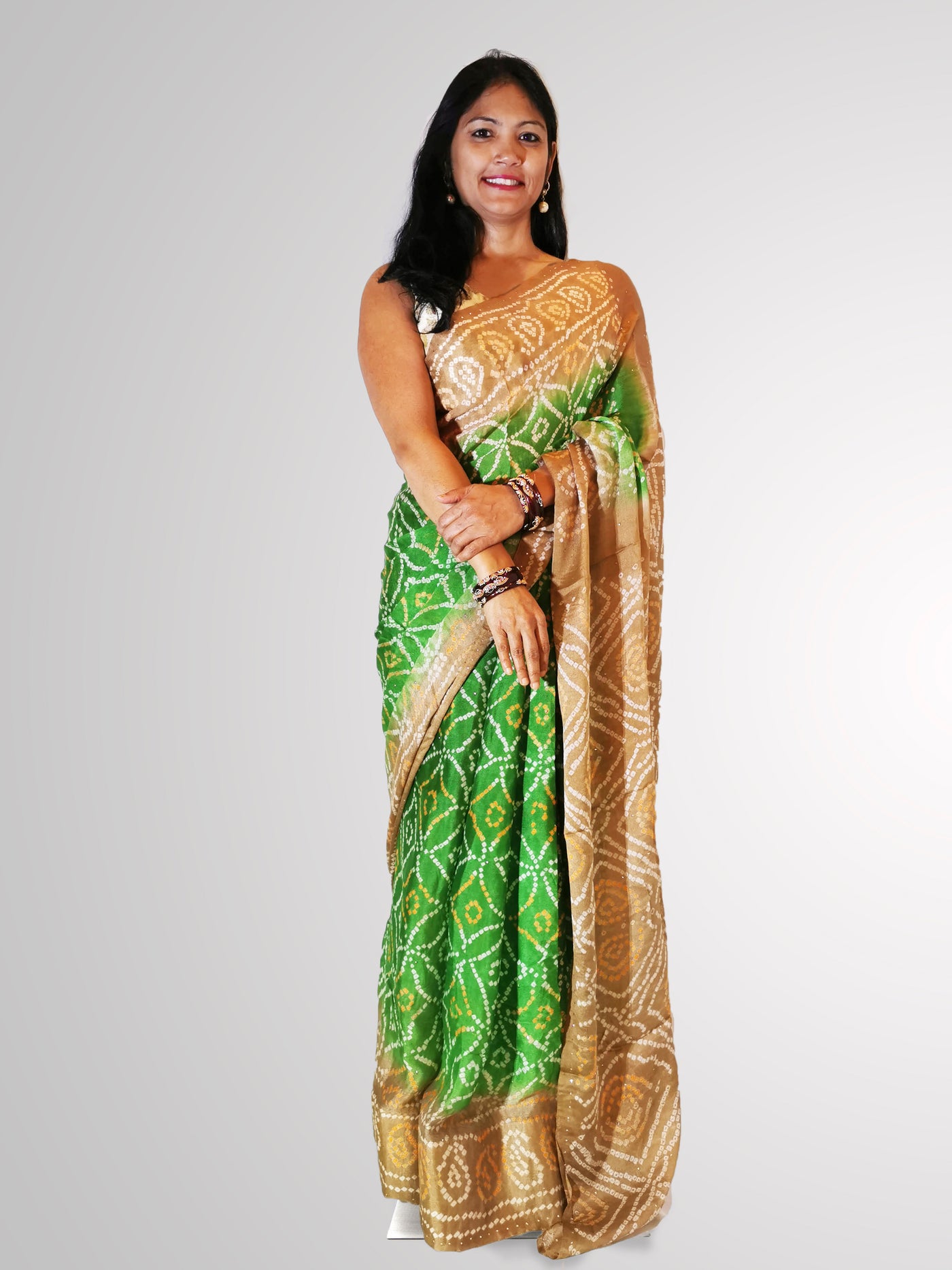 Saree in Green and Tan Bandini Silk with Self Printed Design - Indian Clothing in Denver, CO, Aurora, CO, Boulder, CO, Fort Collins, CO, Colorado Springs, CO, Parker, CO, Highlands Ranch, CO, Cherry Creek, CO, Centennial, CO, and Longmont, CO. Nationwide shipping USA - India Fashion X