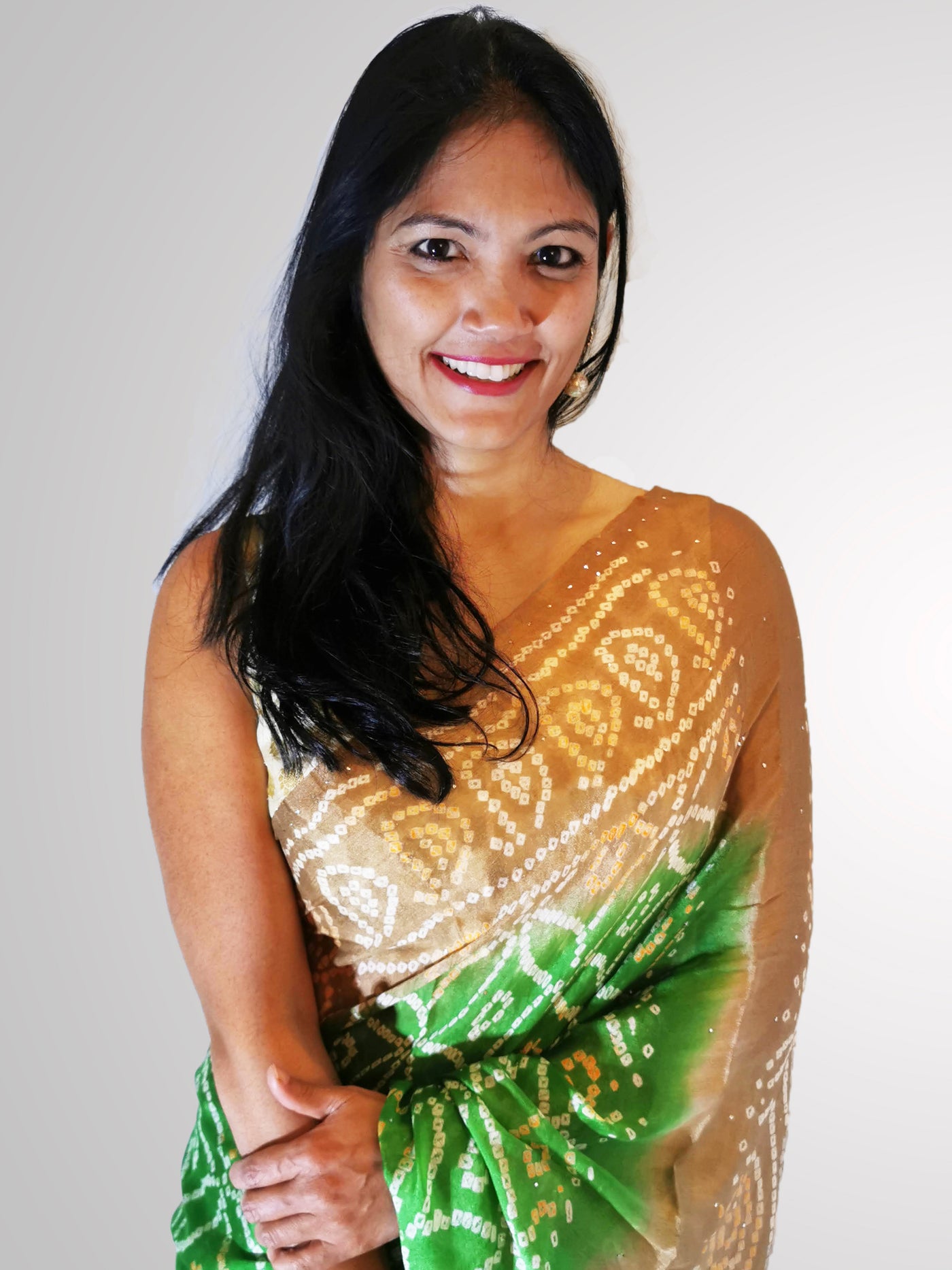 Saree in Green and Tan Bandini Silk with Self Printed Design - Indian Clothing in Denver, CO, Aurora, CO, Boulder, CO, Fort Collins, CO, Colorado Springs, CO, Parker, CO, Highlands Ranch, CO, Cherry Creek, CO, Centennial, CO, and Longmont, CO. Nationwide shipping USA - India Fashion X