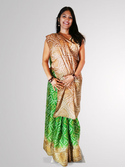 Saree in Green and Tan Bandini Silk with Self Printed Design - Indian Clothing in Denver, CO, Aurora, CO, Boulder, CO, Fort Collins, CO, Colorado Springs, CO, Parker, CO, Highlands Ranch, CO, Cherry Creek, CO, Centennial, CO, and Longmont, CO. Nationwide shipping USA - India Fashion X