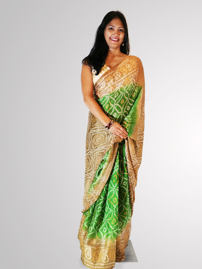 Saree in Green and Tan Bandini Silk with Self Printed Design - Indian Clothing in Denver, CO, Aurora, CO, Boulder, CO, Fort Collins, CO, Colorado Springs, CO, Parker, CO, Highlands Ranch, CO, Cherry Creek, CO, Centennial, CO, and Longmont, CO. Nationwide shipping USA - India Fashion X