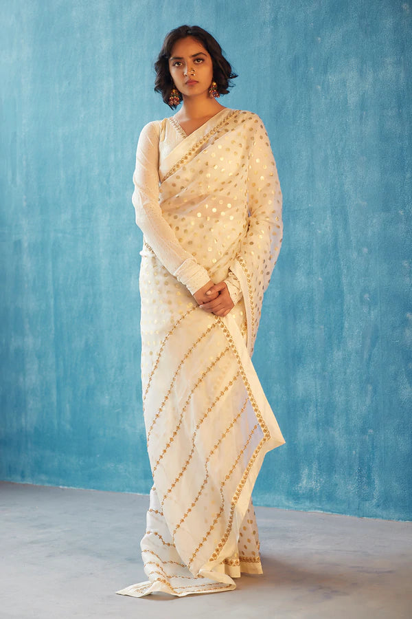 Ivory Organza Silk Saree - Indian Clothing in Denver, CO, Aurora, CO, Boulder, CO, Fort Collins, CO, Colorado Springs, CO, Parker, CO, Highlands Ranch, CO, Cherry Creek, CO, Centennial, CO, and Longmont, CO. Nationwide shipping USA - India Fashion X