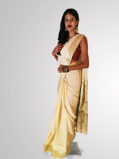 Saree in Cream Off White Pure Chiffon with Zari Border Trim - Indian Clothing in Denver, CO, Aurora, CO, Boulder, CO, Fort Collins, CO, Colorado Springs, CO, Parker, CO, Highlands Ranch, CO, Cherry Creek, CO, Centennial, CO, and Longmont, CO. Nationwide shipping USA - India Fashion X