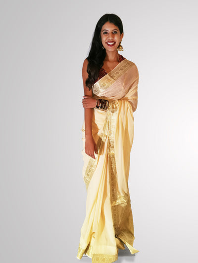 Saree in Cream Off White Pure Chiffon with Zari Border Trim - Indian Clothing in Denver, CO, Aurora, CO, Boulder, CO, Fort Collins, CO, Colorado Springs, CO, Parker, CO, Highlands Ranch, CO, Cherry Creek, CO, Centennial, CO, and Longmont, CO. Nationwide shipping USA - India Fashion X