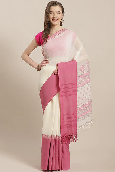 Cream & Pink Cotton Saree - Indian Clothing in Denver, CO, Aurora, CO, Boulder, CO, Fort Collins, CO, Colorado Springs, CO, Parker, CO, Highlands Ranch, CO, Cherry Creek, CO, Centennial, CO, and Longmont, CO. Nationwide shipping USA - India Fashion X