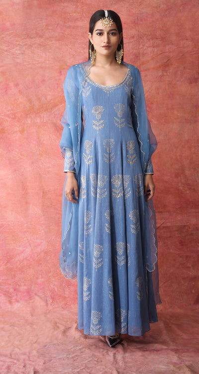 Blue Metallic Georgette Anarkali - Indian Clothing in Denver, CO, Aurora, CO, Boulder, CO, Fort Collins, CO, Colorado Springs, CO, Parker, CO, Highlands Ranch, CO, Cherry Creek, CO, Centennial, CO, and Longmont, CO. Nationwide shipping USA - India Fashion X