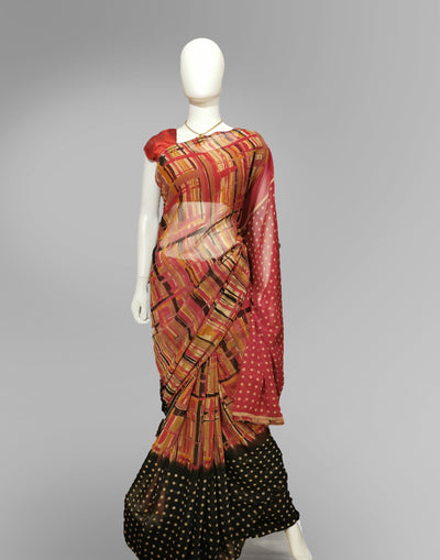 Saree in Red and Black with Brush Print Indian Clothing in Denver, CO, Aurora, CO, Boulder, CO, Fort Collins, CO, Colorado Springs, CO, Parker, CO, Highlands Ranch, CO, Cherry Creek, CO, Centennial, CO, and Longmont, CO. NATIONWIDE SHIPPING USA- India Fashion X