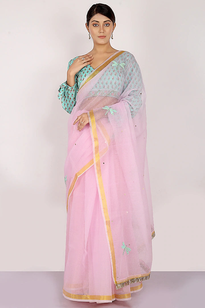 Pink Kota Doria Saree Set - Indian Clothing in Denver, CO, Aurora, CO, Boulder, CO, Fort Collins, CO, Colorado Springs, CO, Parker, CO, Highlands Ranch, CO, Cherry Creek, CO, Centennial, CO, and Longmont, CO. Nationwide shipping USA - India Fashion X